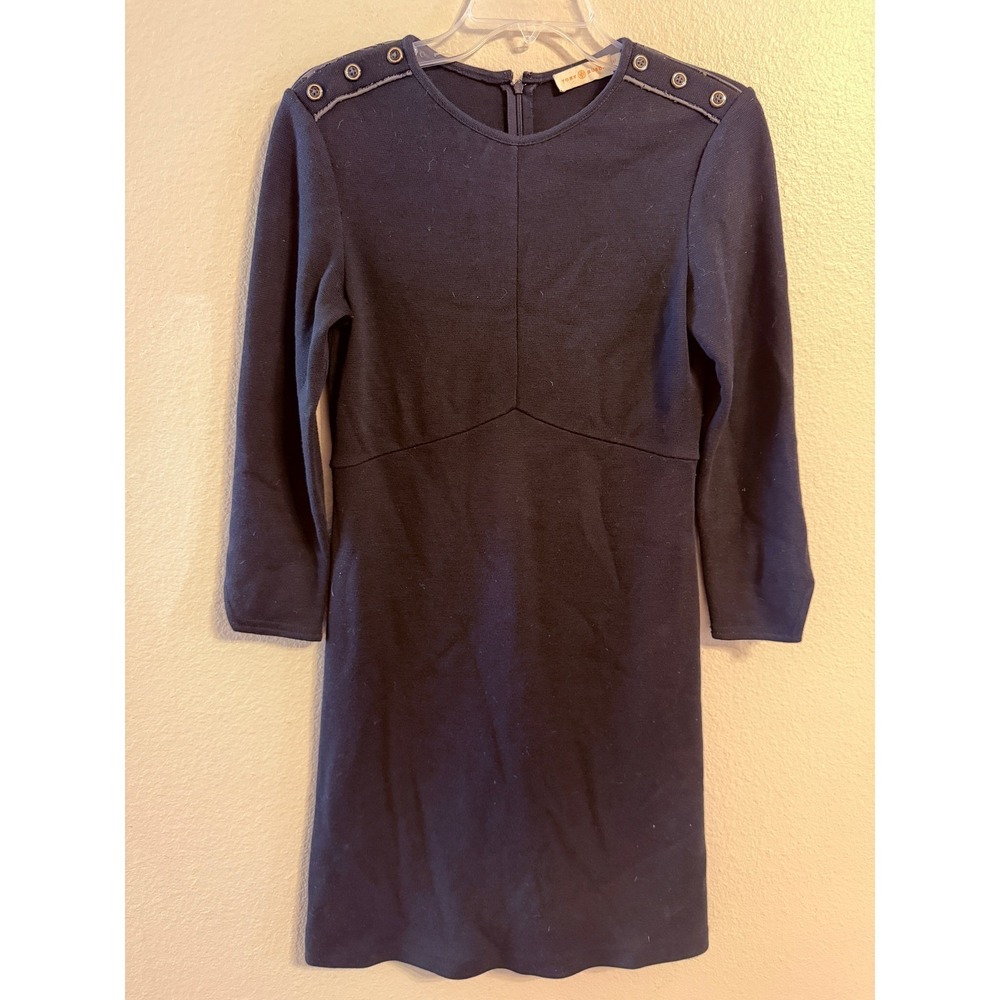 Tory Burch Knit Dress Womens XS Navy Blue Good Gold Button Shoulder Wool Blend